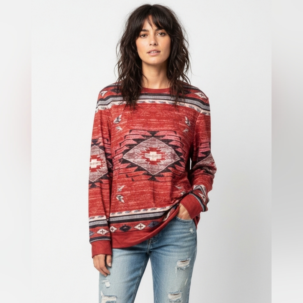 Red Aztec Southwestern Boho Sweatshirt Gorpcore Casual M